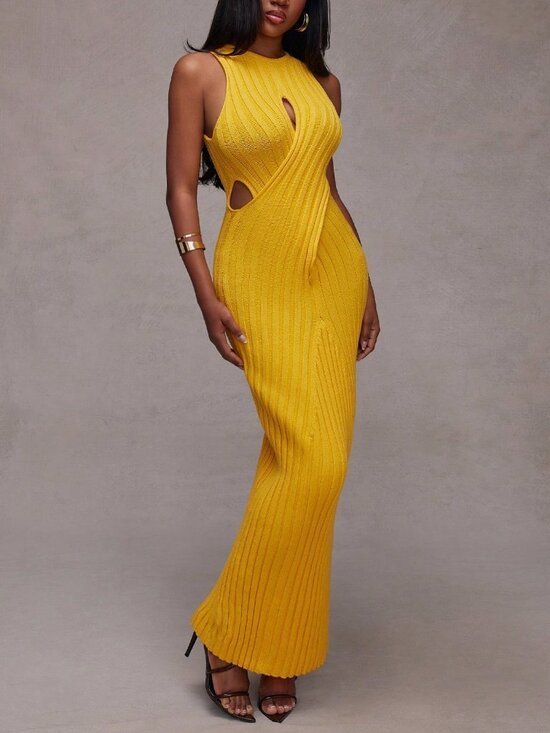 MODA ME COUTURE Dresses & Skirts - Yellow Sexy Women's Cut Out Criss Cross Bodice Fitted Bodycon Knit Maxi dress